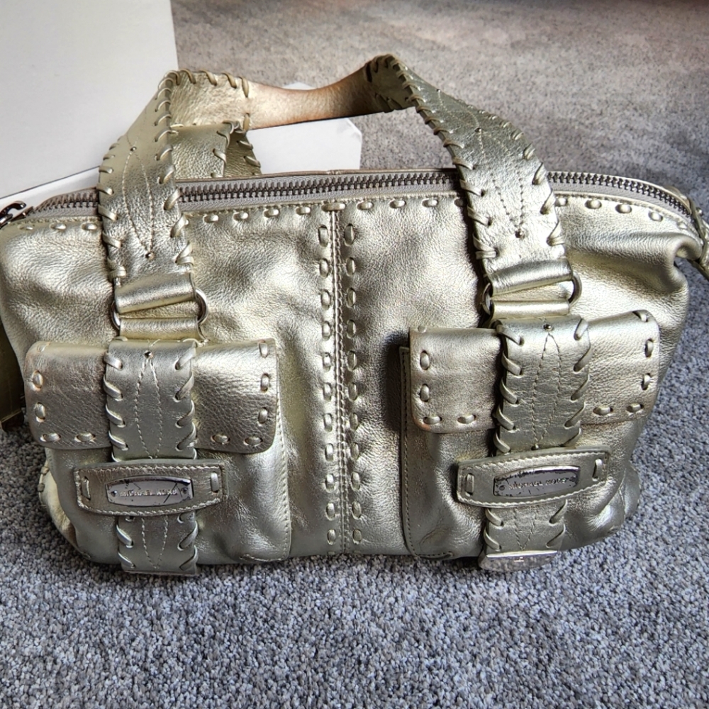 Gold Michael Kors Leather Satchel with Exterior Stitching